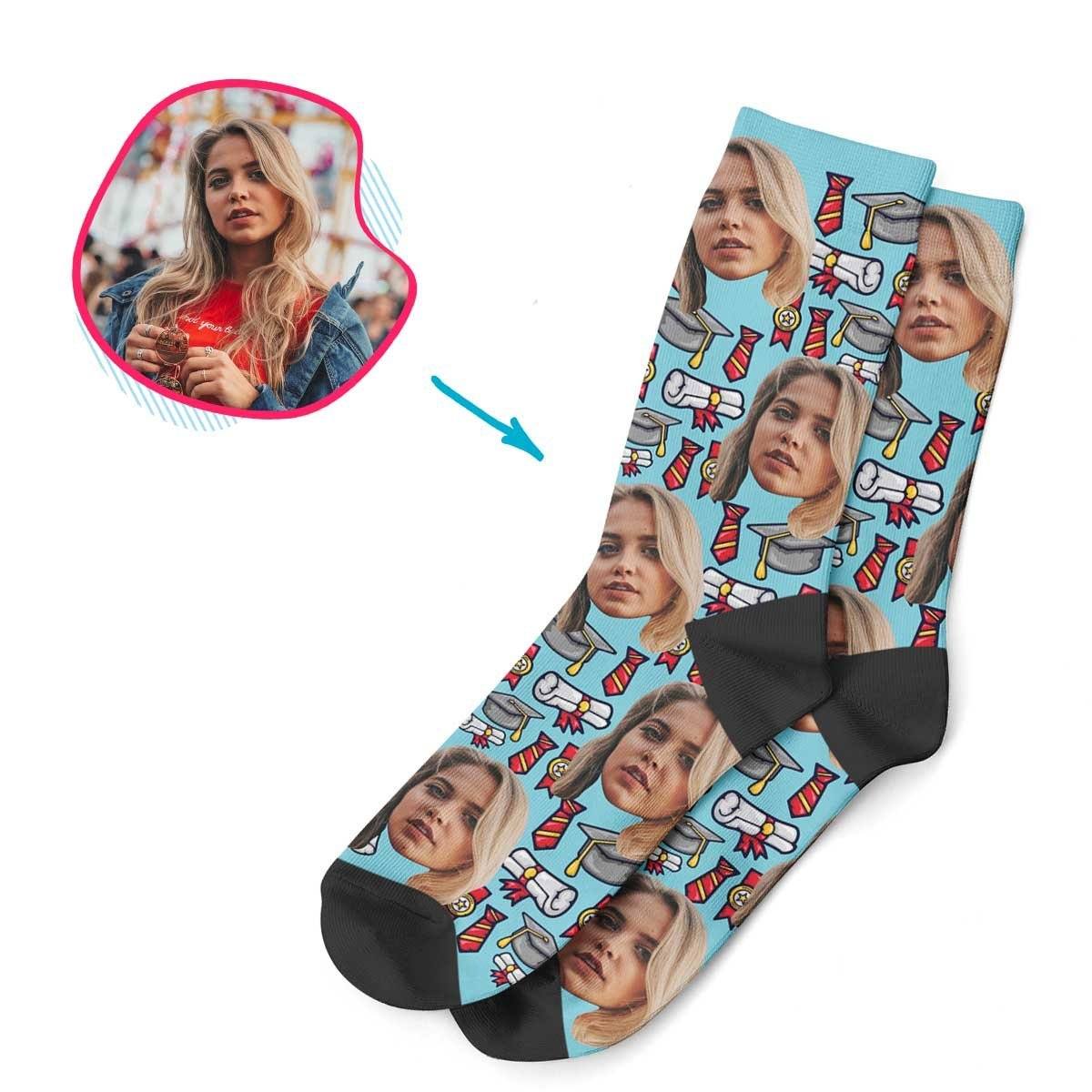 Blue Students & Graduates personalized socks with photo of face printed on them
