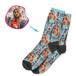 Load image into Gallery viewer, Blue Students &amp; Graduates personalized socks with photo of face printed on them
