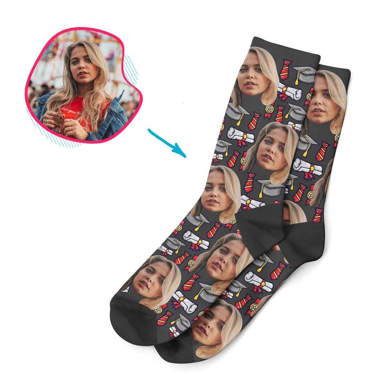 Dark Students & Graduates personalized socks with photo of face printed on them