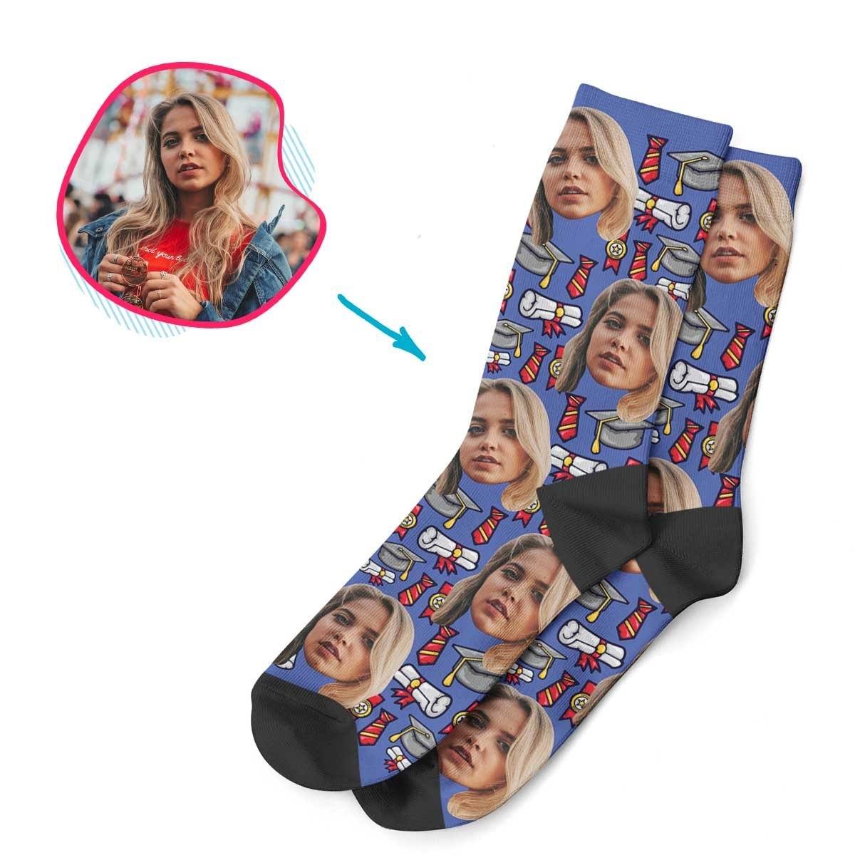 Darkblue Students & Graduates personalized socks with photo of face printed on them