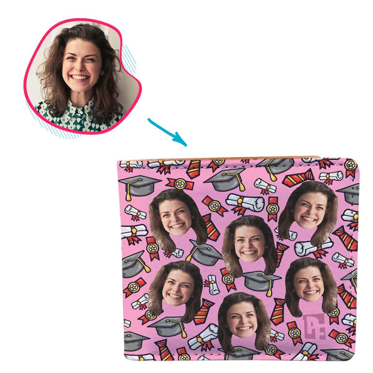 Pink Students & Graduates personalized wallet with photo of face printed on it