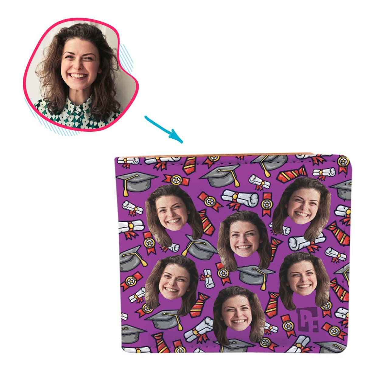 Purple Students & Graduates personalized wallet with photo of face printed on it