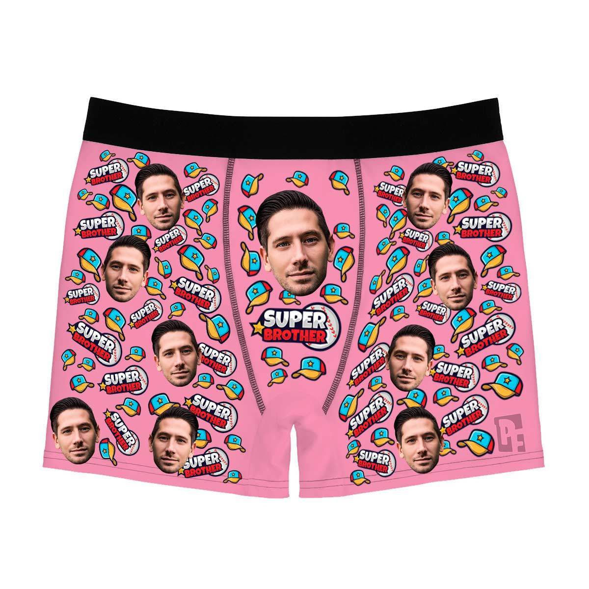 Pink Super Brother men's boxer briefs personalized with photo printed on them
