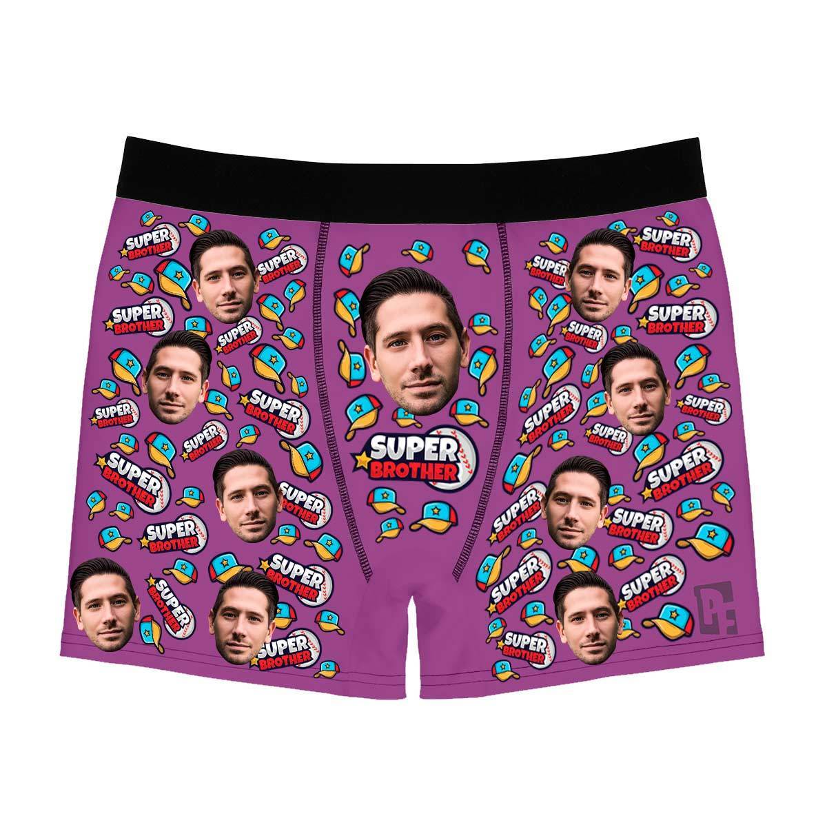 Purple Super Brother men's boxer briefs personalized with photo printed on them