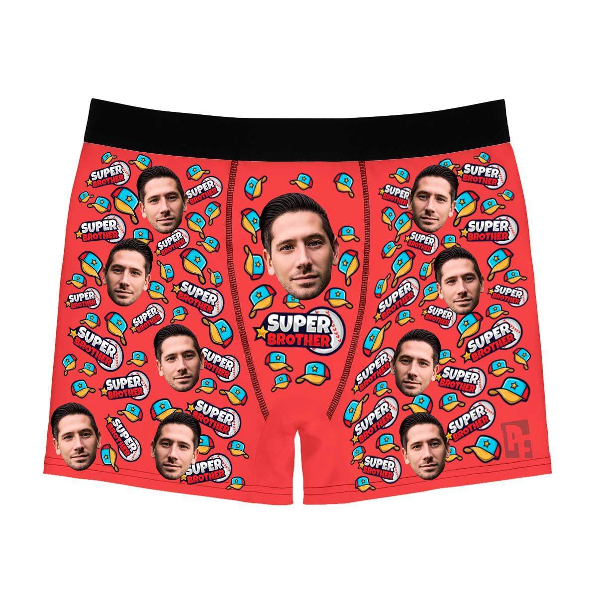 Red Super Brother men's boxer briefs personalized with photo printed on them