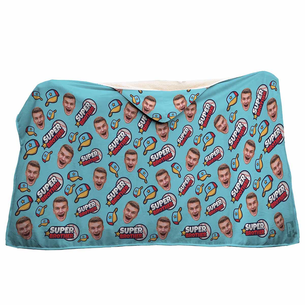 blue Super Brother hooded blanket personalized with photo of face printed on it
