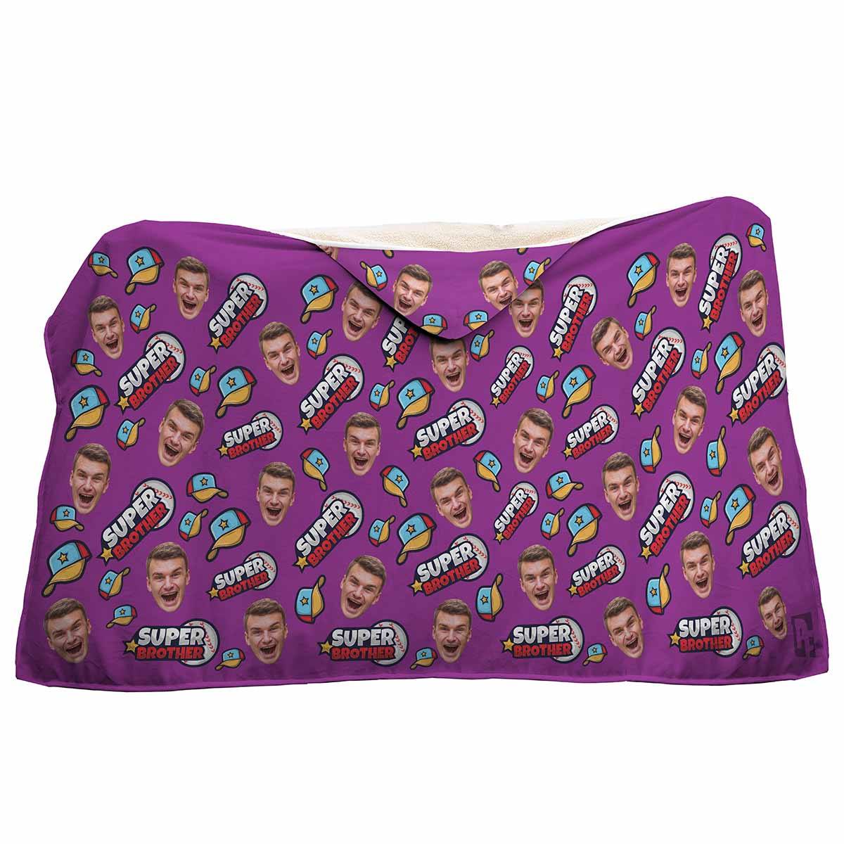 purple Super Brother hooded blanket personalized with photo of face printed on it
