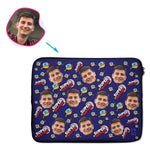 Load image into Gallery viewer, navy Super Brother laptop sleeve personalized with photo of face printed on them
