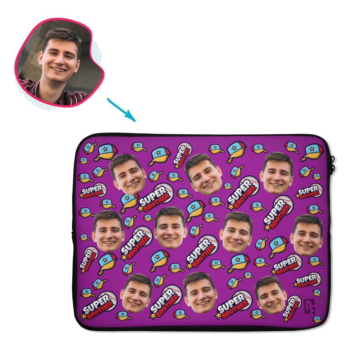 purple Super Brother laptop sleeve personalized with photo of face printed on them