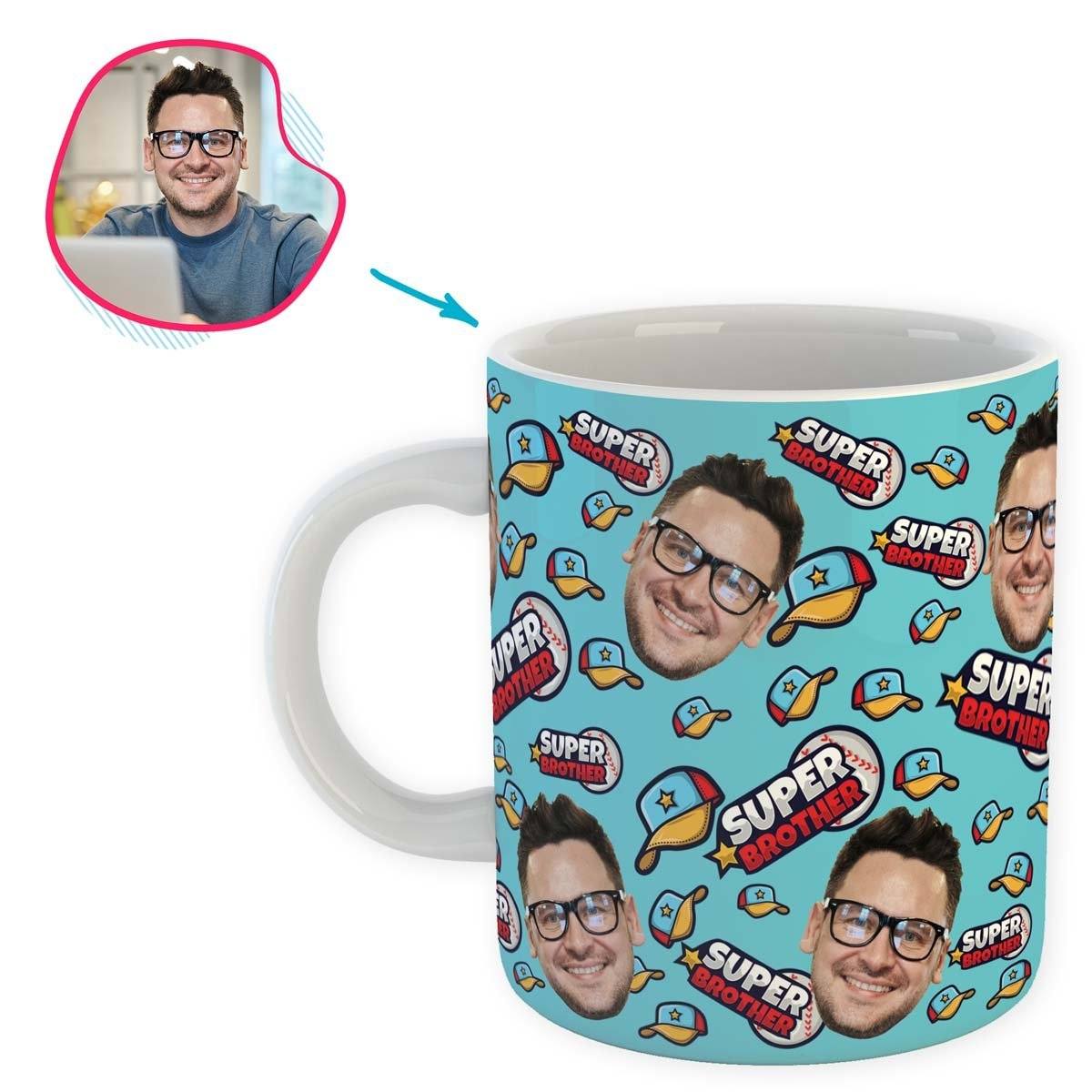 blue Super Brother mug personalized with photo of face printed on it