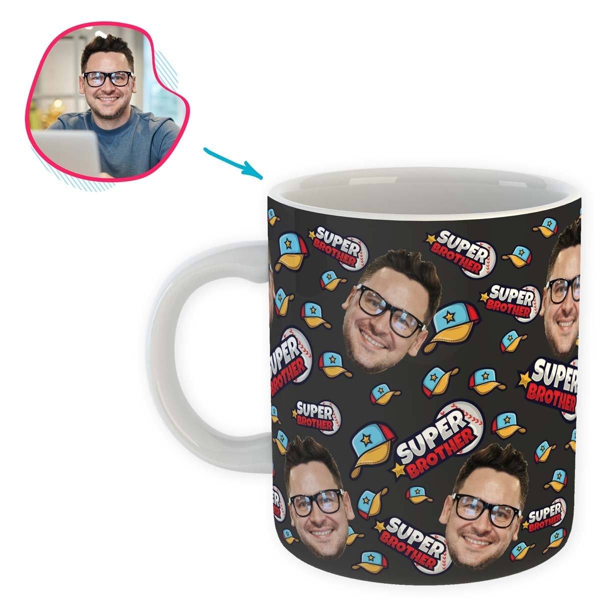dark Super Brother mug personalized with photo of face printed on it