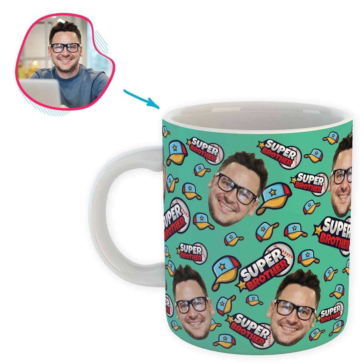 mint Super Brother mug personalized with photo of face printed on it