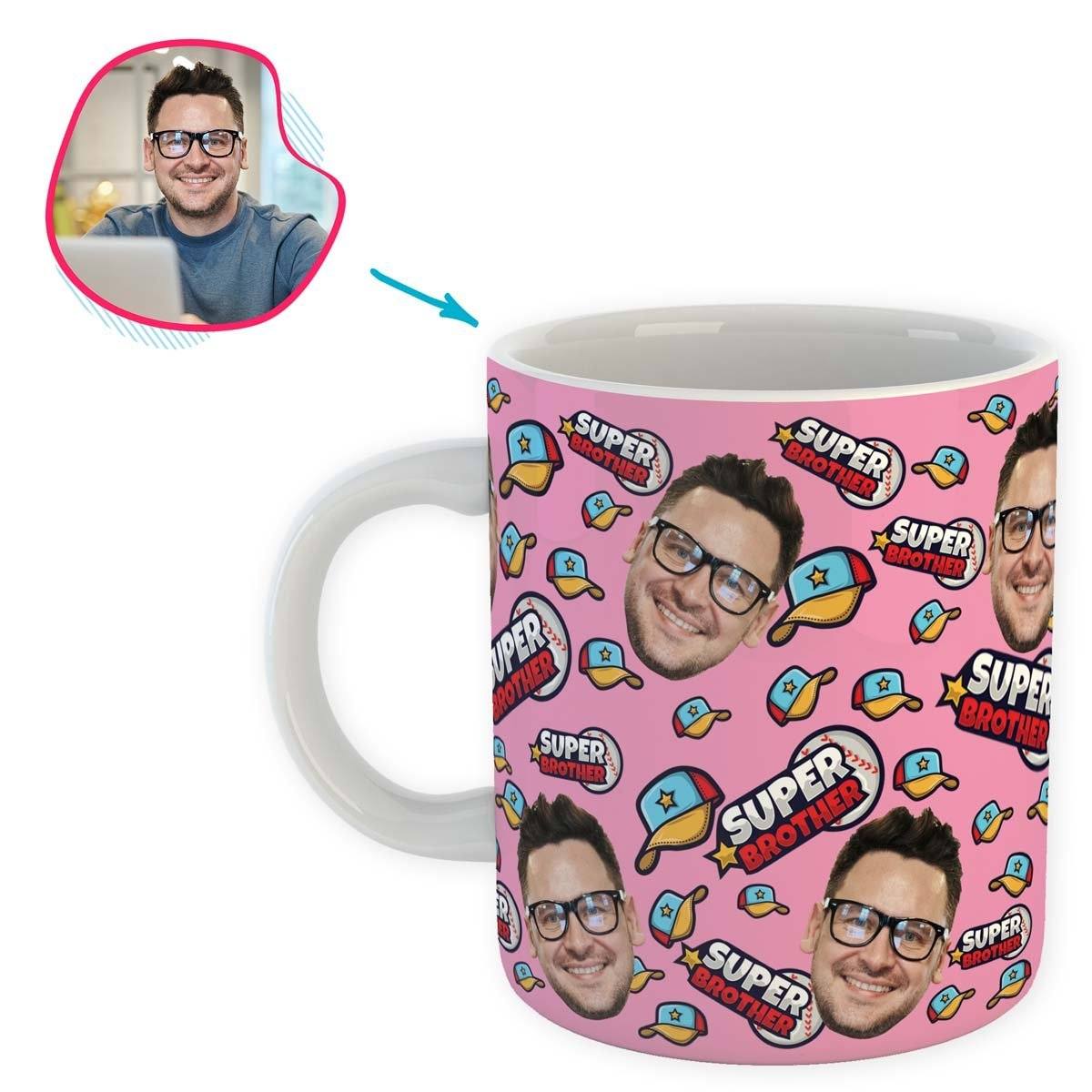 pink Super Brother mug personalized with photo of face printed on it