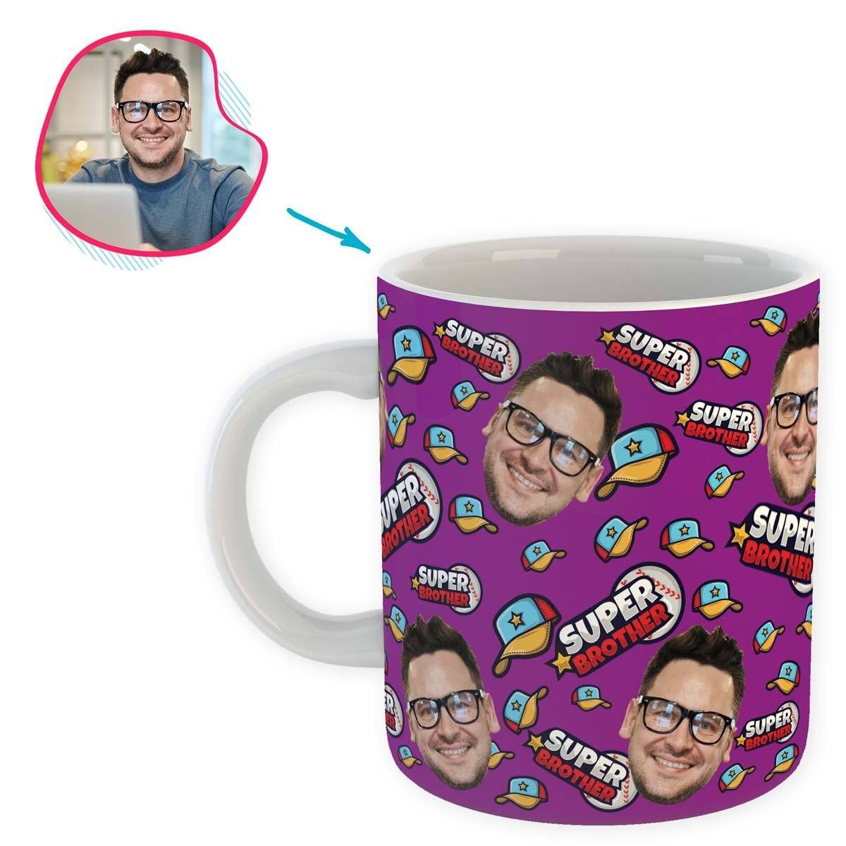 purple Super Brother mug personalized with photo of face printed on it