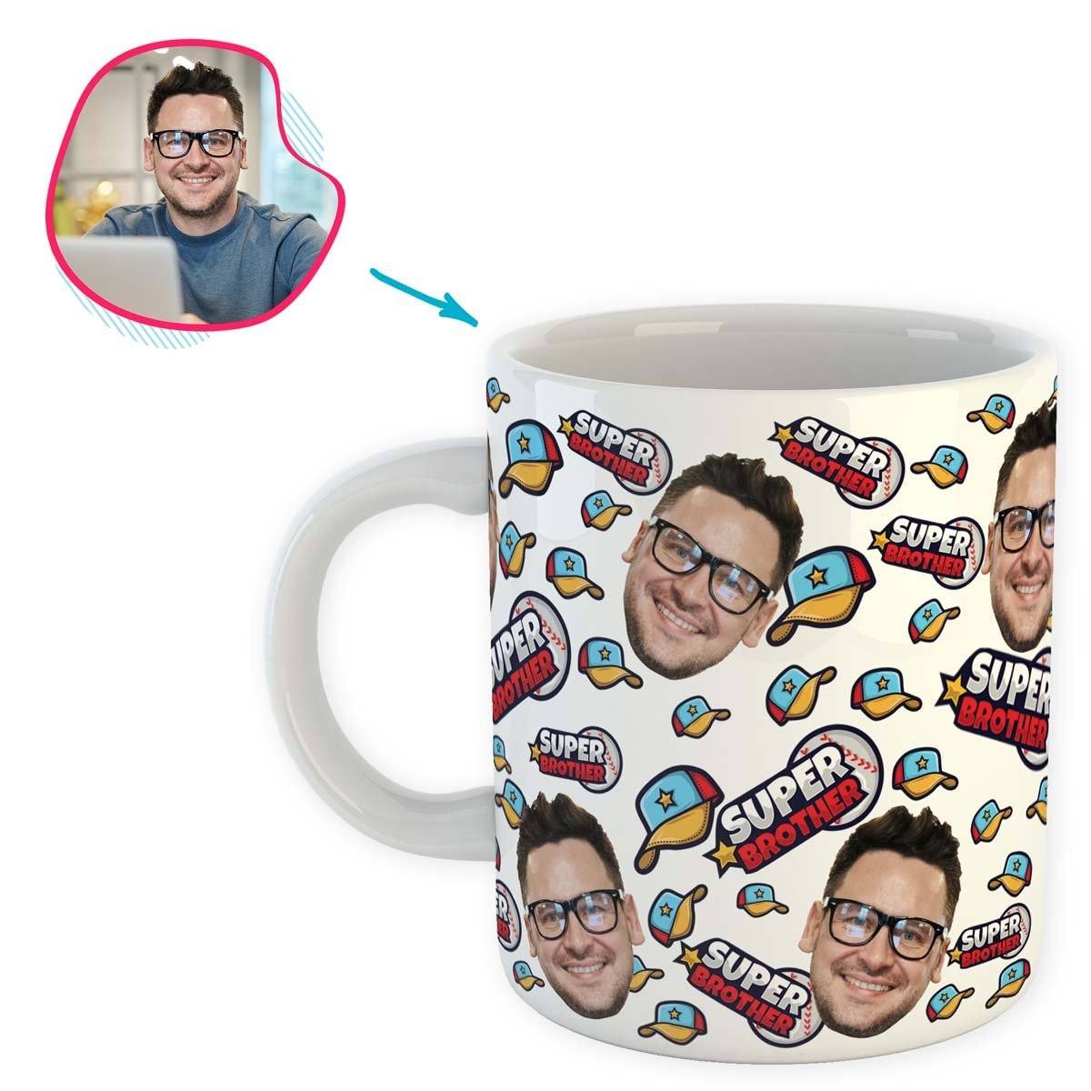 white Super Brother mug personalized with photo of face printed on it