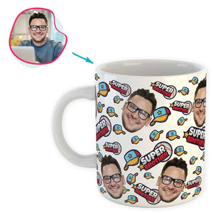 white Super Brother mug personalized with photo of face printed on it