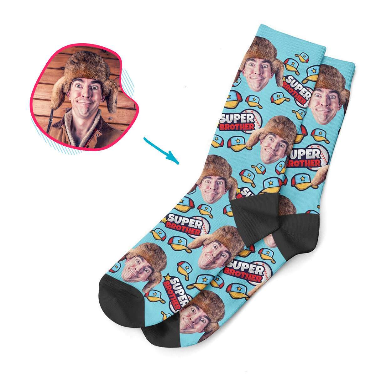 blue Super Brother socks personalized with photo of face printed on them