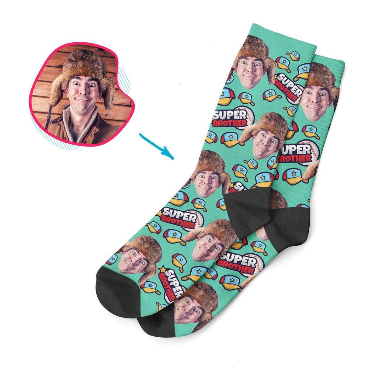 mint Super Brother socks personalized with photo of face printed on them