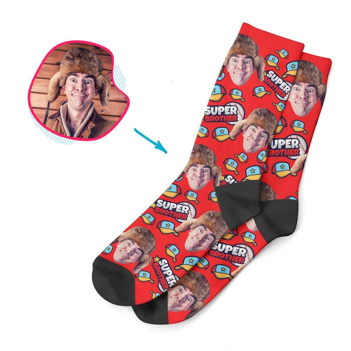 red Super Brother socks personalized with photo of face printed on them
