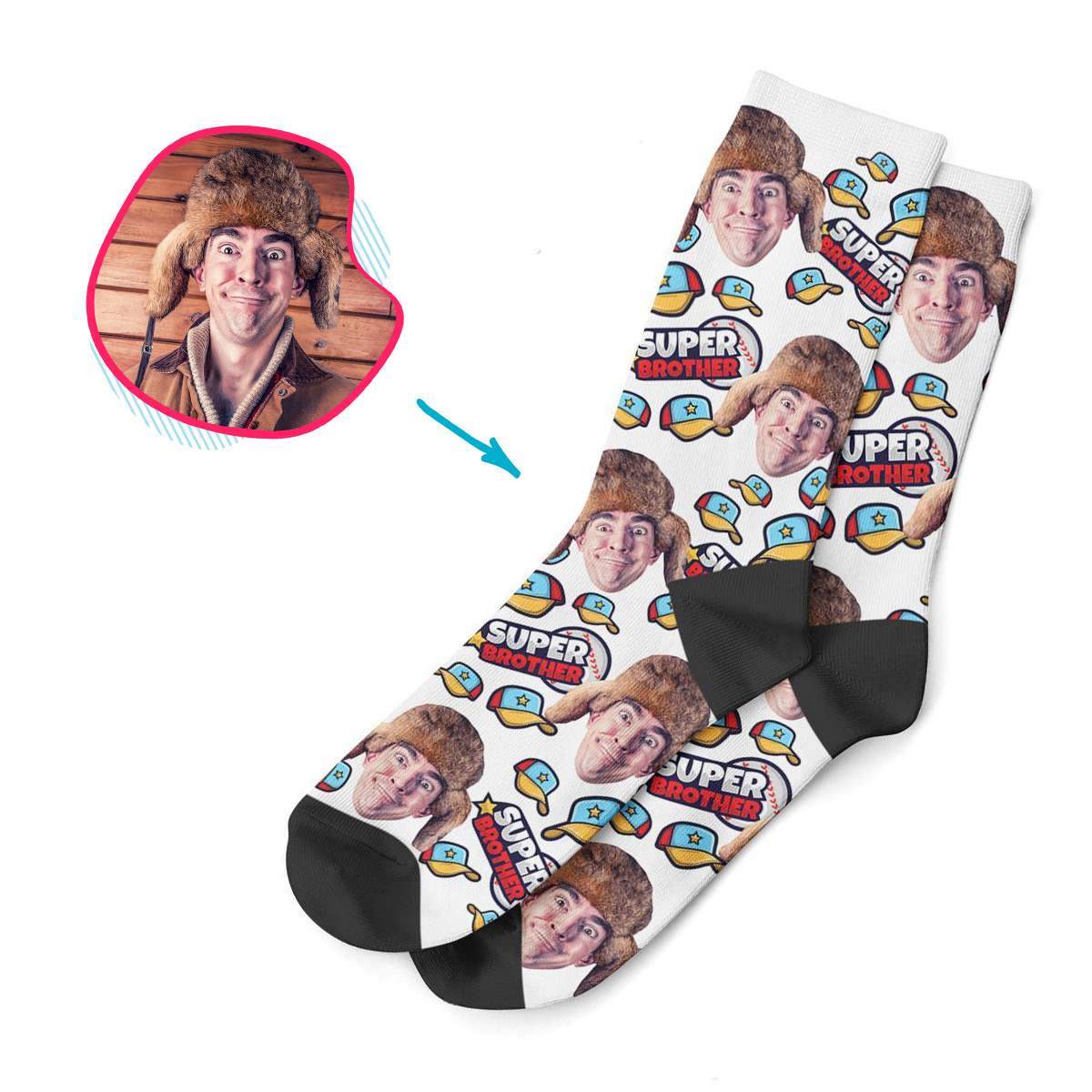 white Super Brother socks personalized with photo of face printed on them
