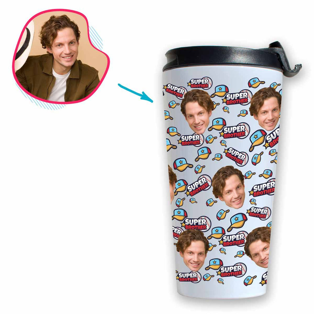white Super Brother travel mug personalized with photo of face printed on it