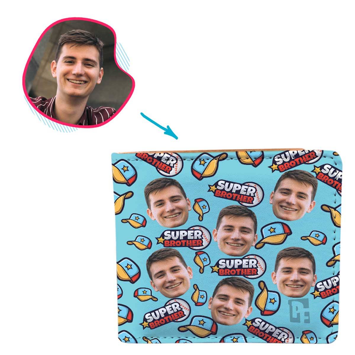 blue Super Brother wallet personalized with photo of face printed on it