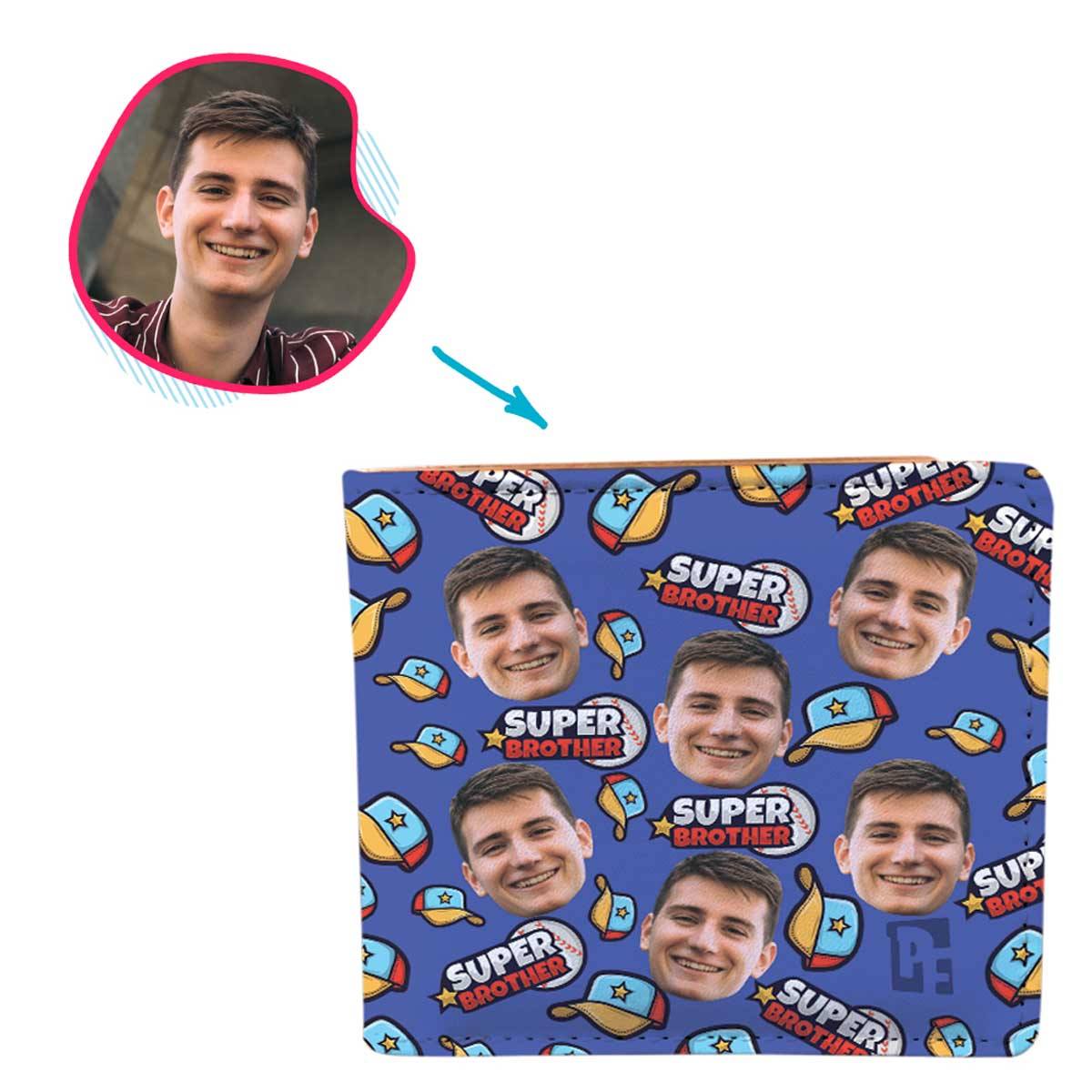 darkblue Super Brother wallet personalized with photo of face printed on it