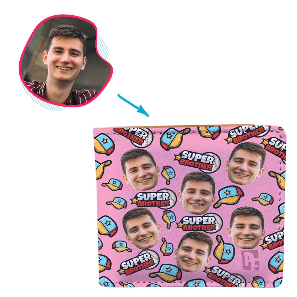 pink Super Brother wallet personalized with photo of face printed on it