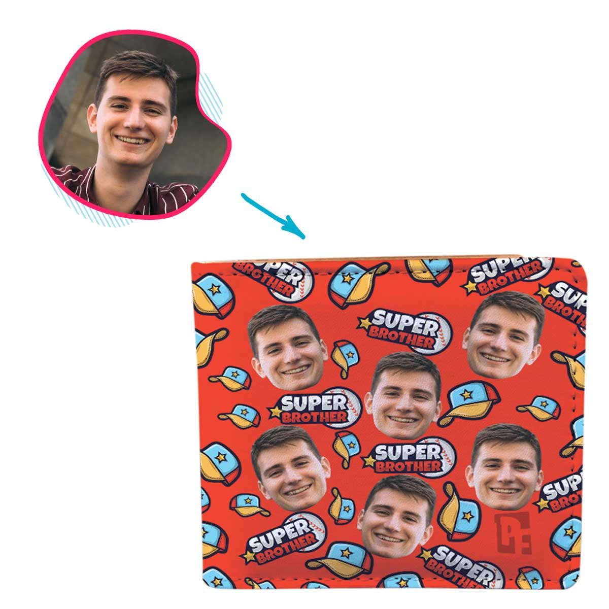 red Super Brother wallet personalized with photo of face printed on it