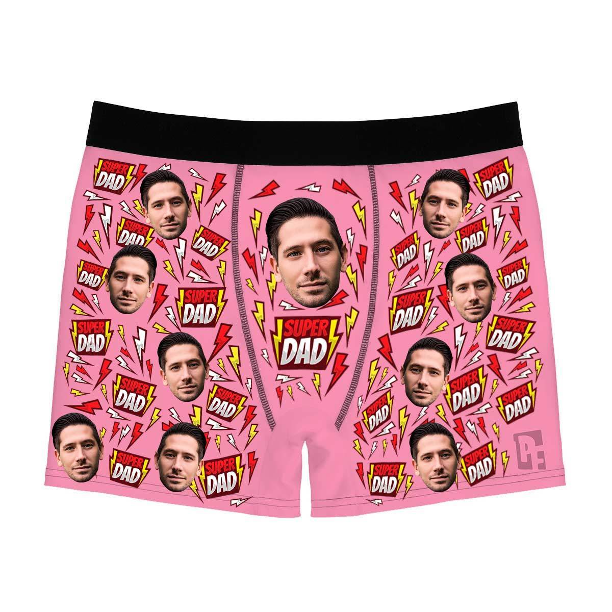 Pink Super dad men's boxer briefs personalized with photo printed on them