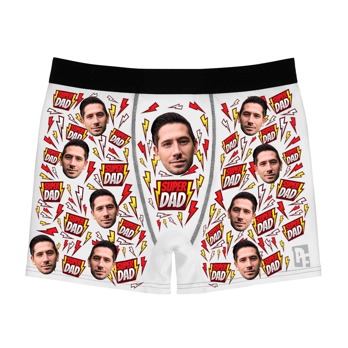White Super dad men's boxer briefs personalized with photo printed on them