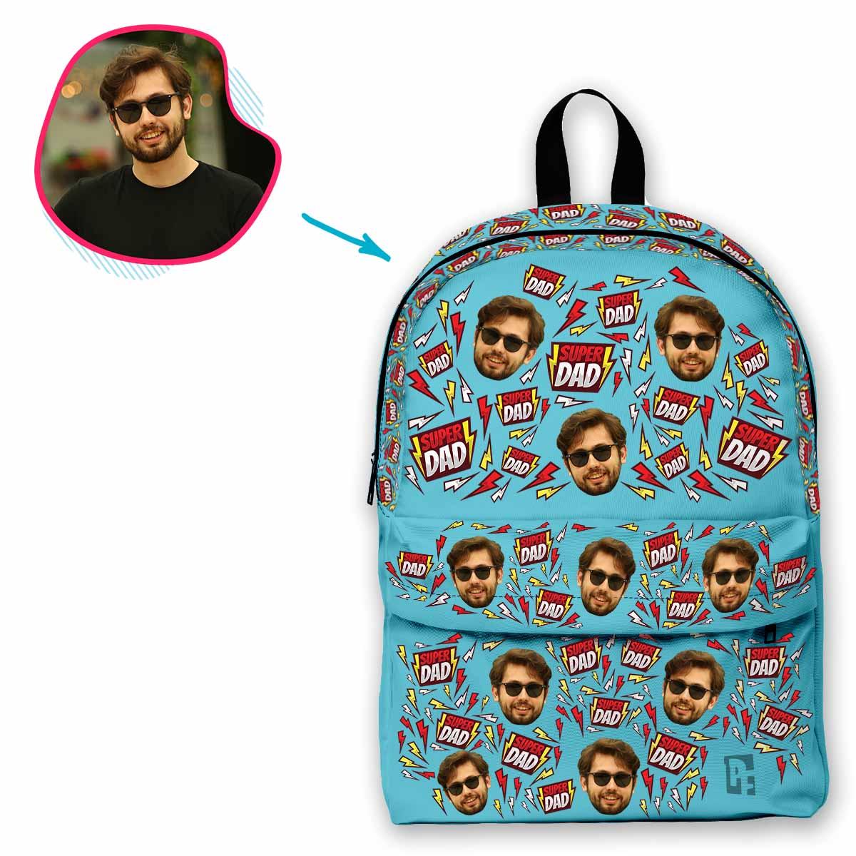 blue Super Dad classic backpack personalized with photo of face printed on it