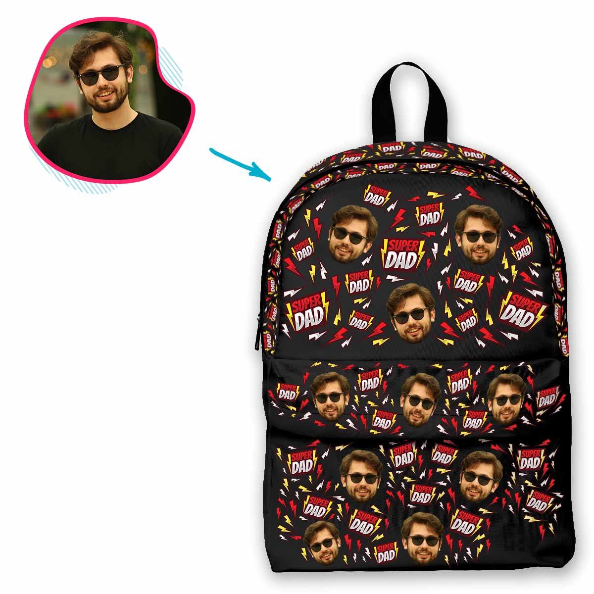 dark Super Dad classic backpack personalized with photo of face printed on it