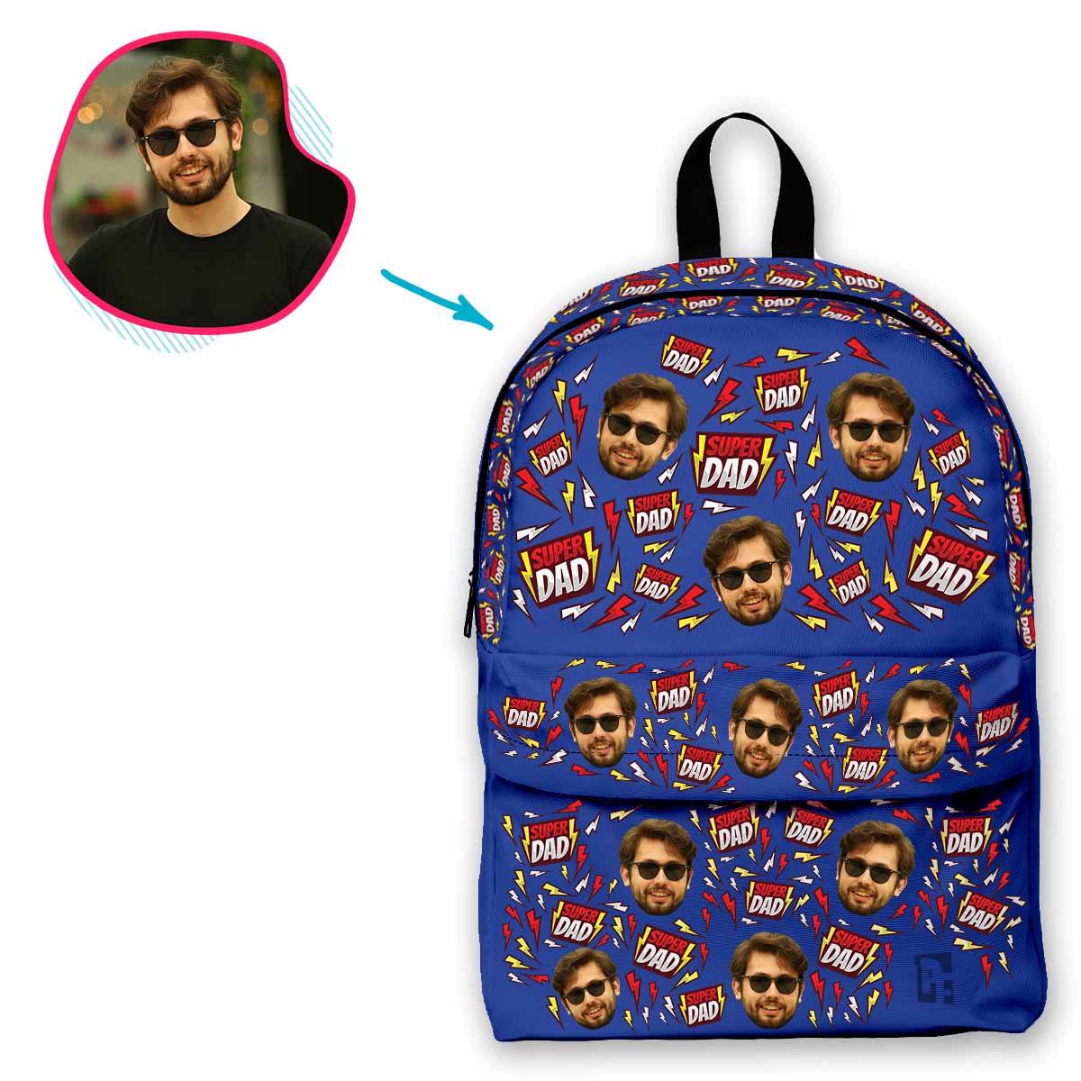 darkblue Super Dad classic backpack personalized with photo of face printed on it