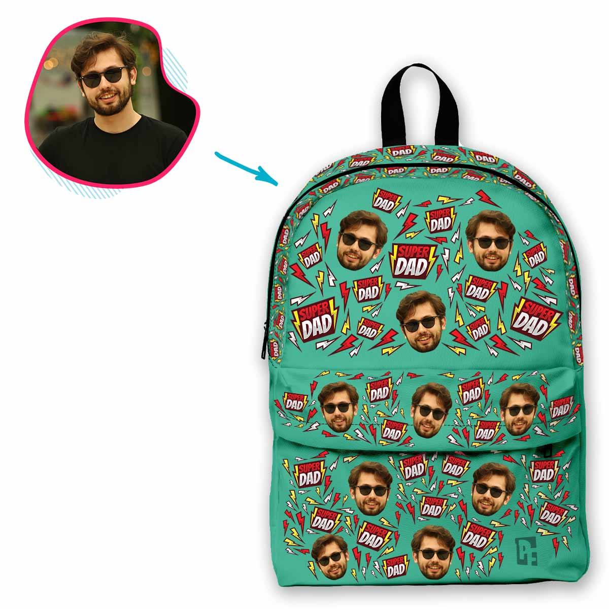 mint Super Dad classic backpack personalized with photo of face printed on it
