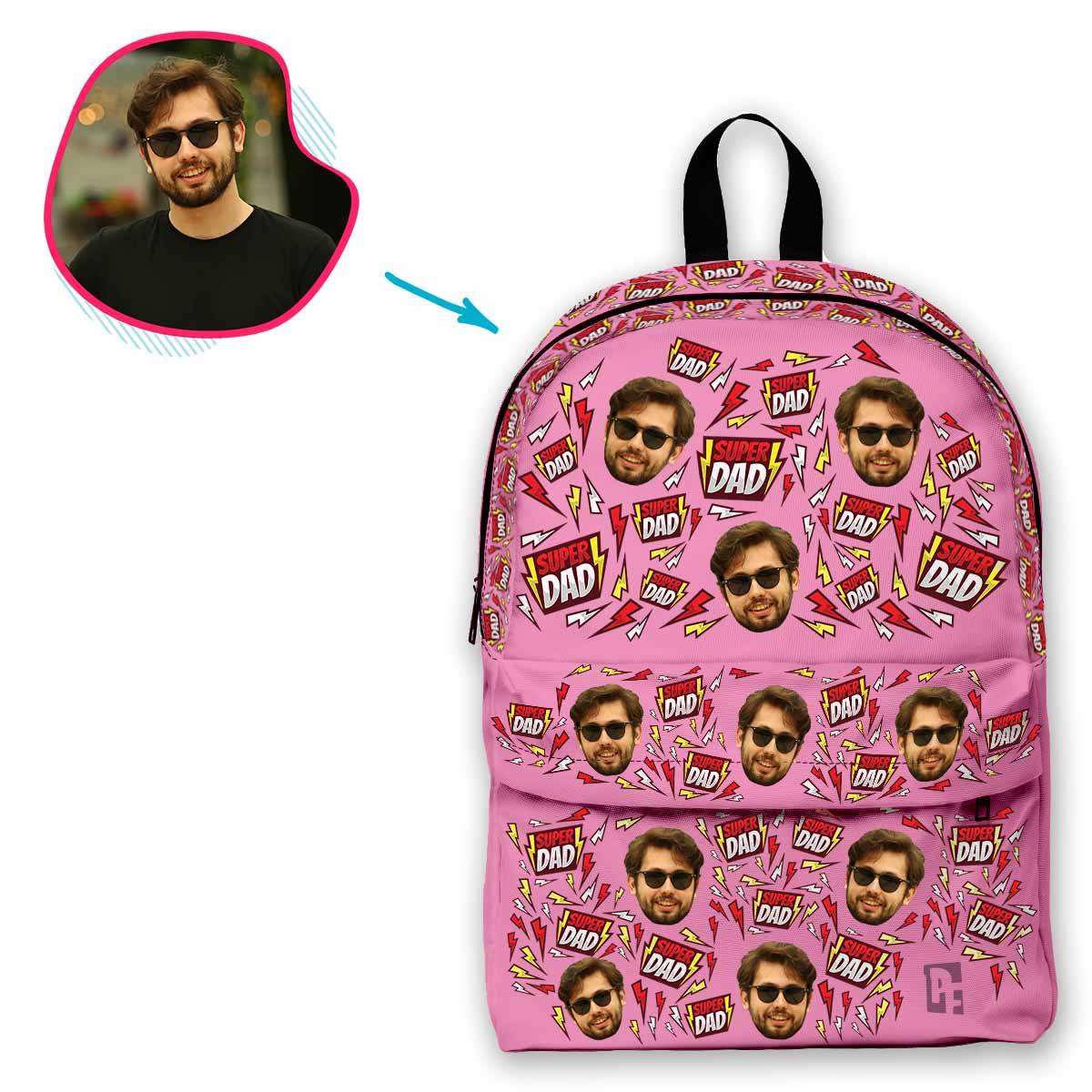 pink Super Dad classic backpack personalized with photo of face printed on it