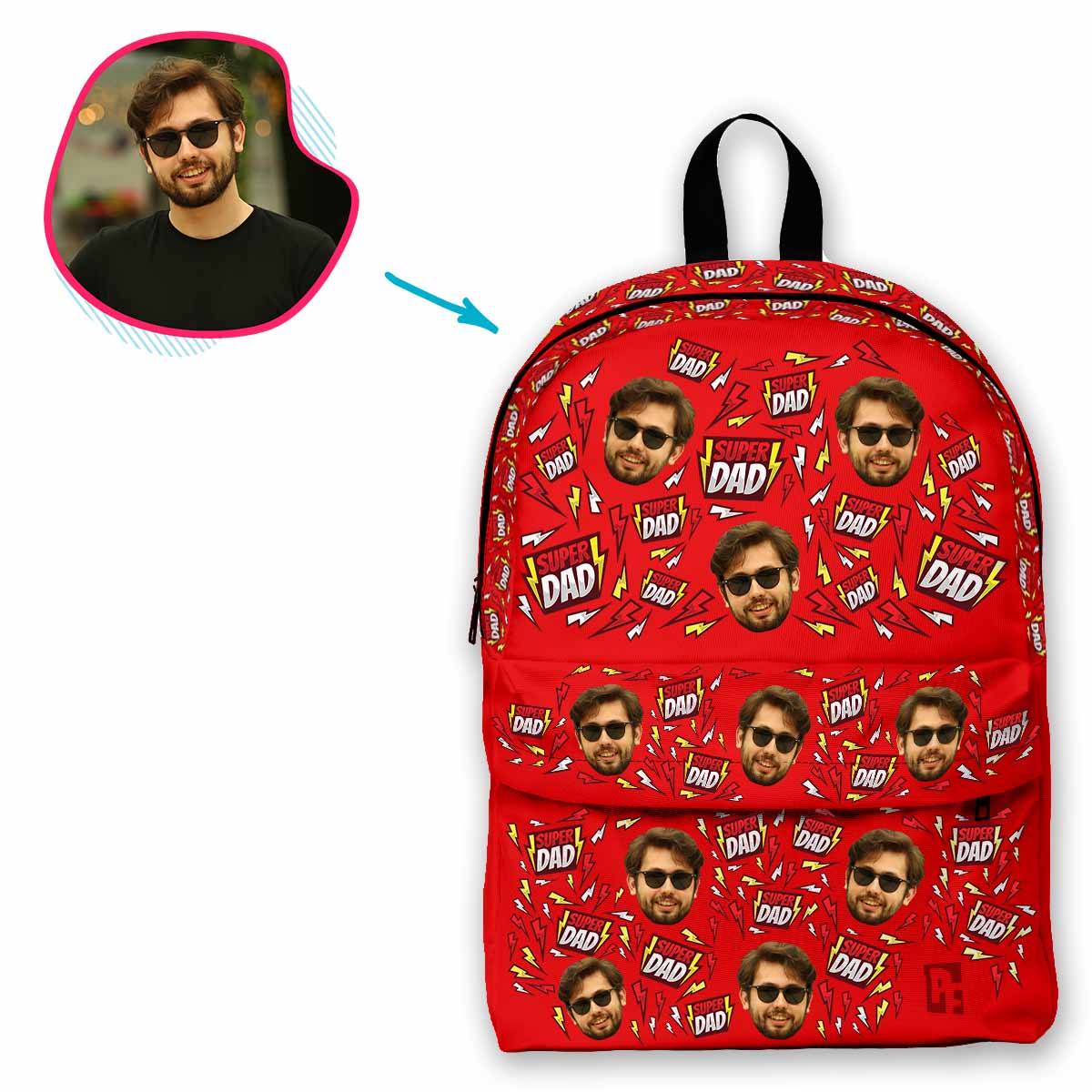 red Super Dad classic backpack personalized with photo of face printed on it