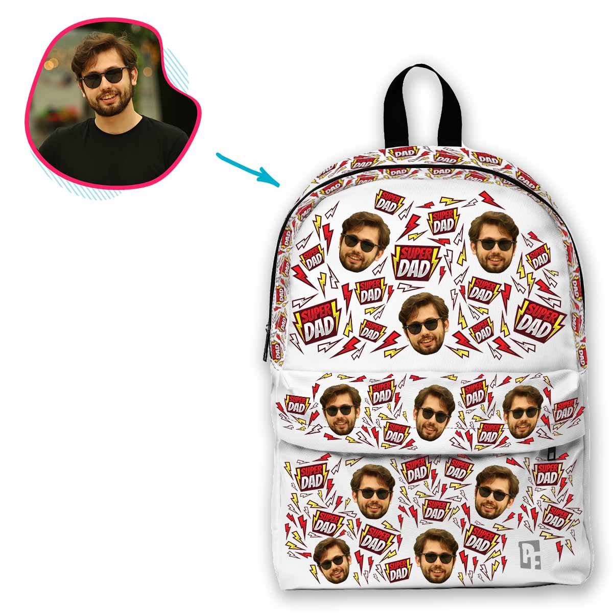 white Super Dad classic backpack personalized with photo of face printed on it