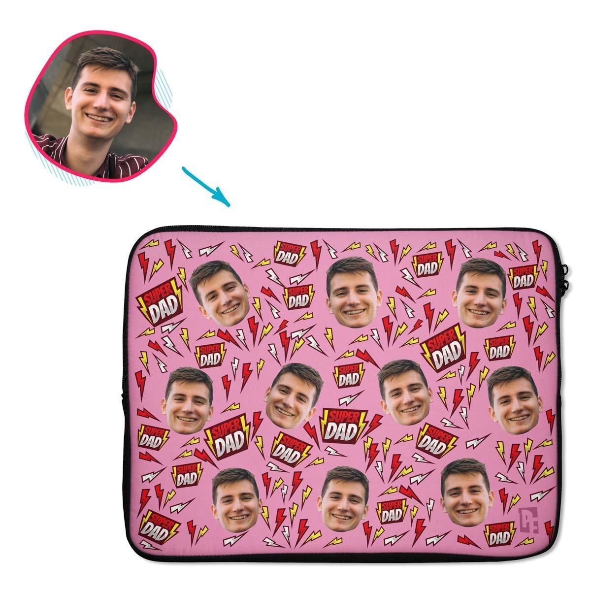 pink Super Dad laptop sleeve personalized with photo of face printed on them