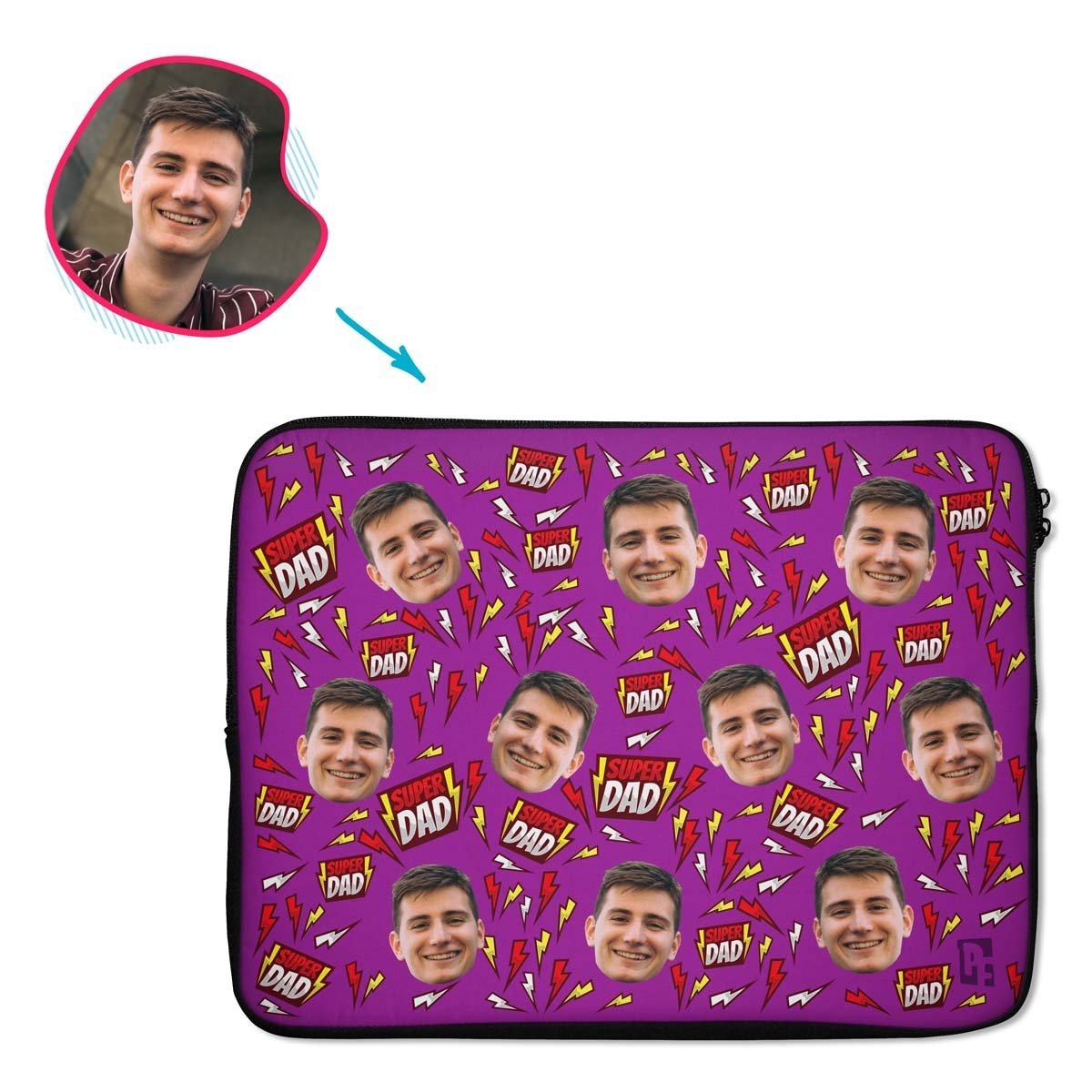 purple Super Dad laptop sleeve personalized with photo of face printed on them