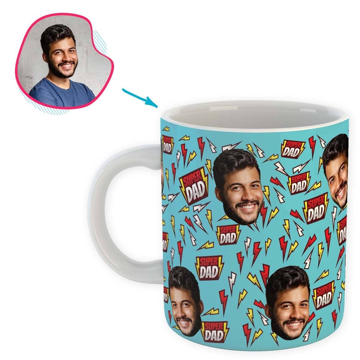 blue Super Dad mug personalized with photo of face printed on it