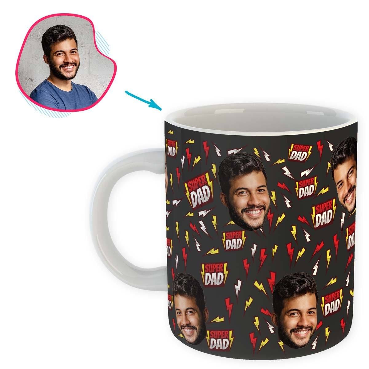 dark Super Dad mug personalized with photo of face printed on it