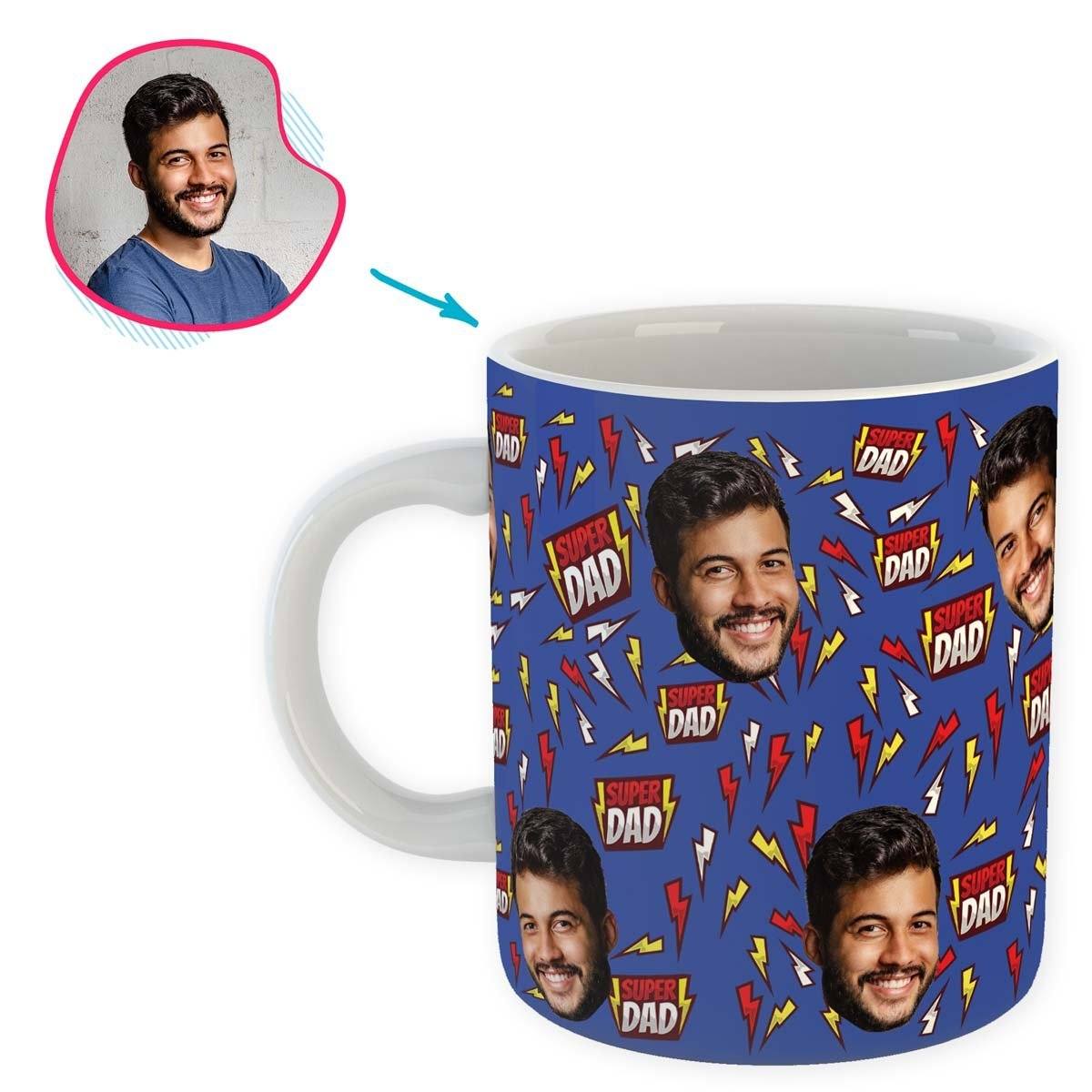 darkblue Super Dad mug personalized with photo of face printed on it
