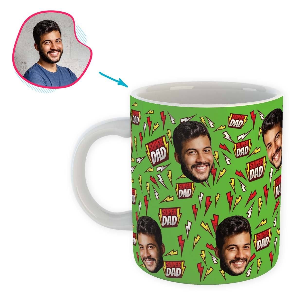 green Super Dad mug personalized with photo of face printed on it