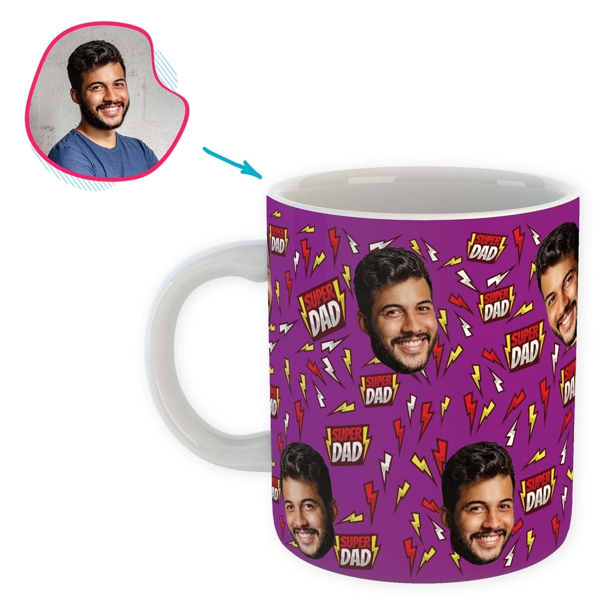 purple Super Dad mug personalized with photo of face printed on it