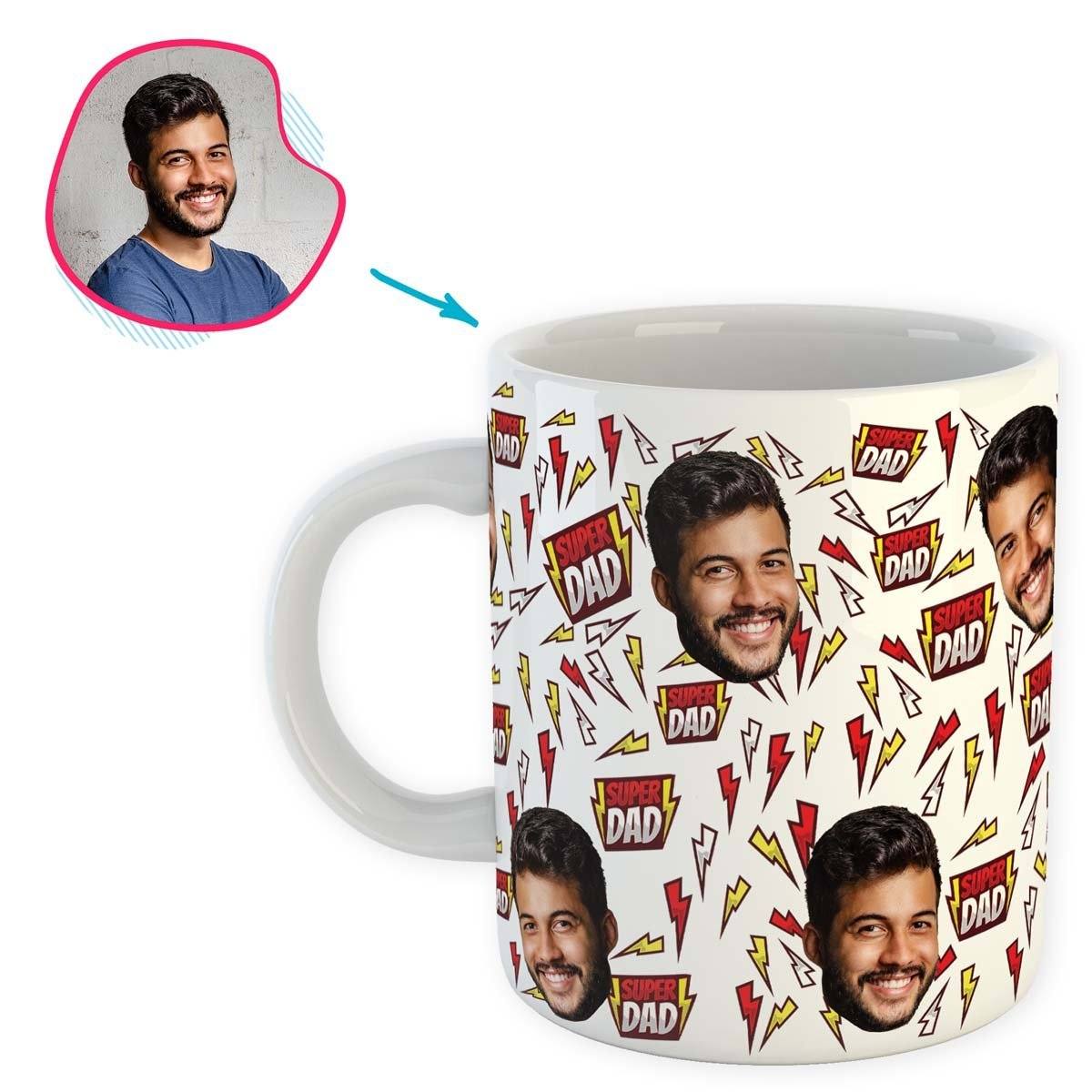 white Super Dad mug personalized with photo of face printed on it