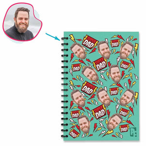 mint Super Dad Notebook personalized with photo of face printed on them