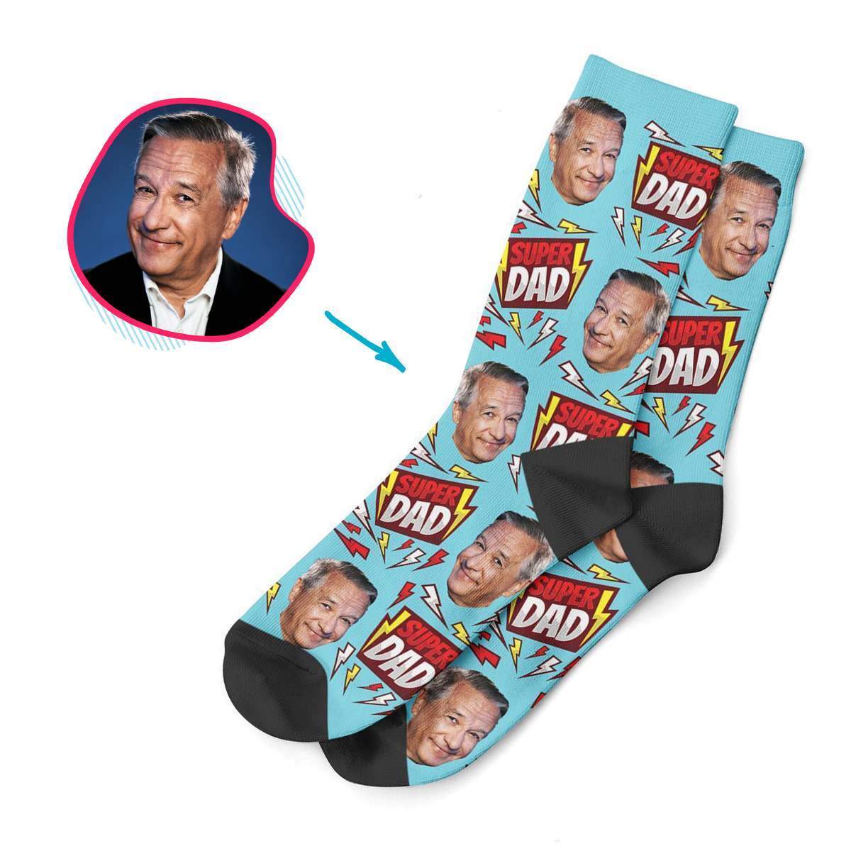blue Super Dad socks personalized with photo of face printed on them