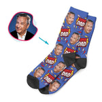 Load image into Gallery viewer, darkblue Super Dad socks personalized with photo of face printed on them
