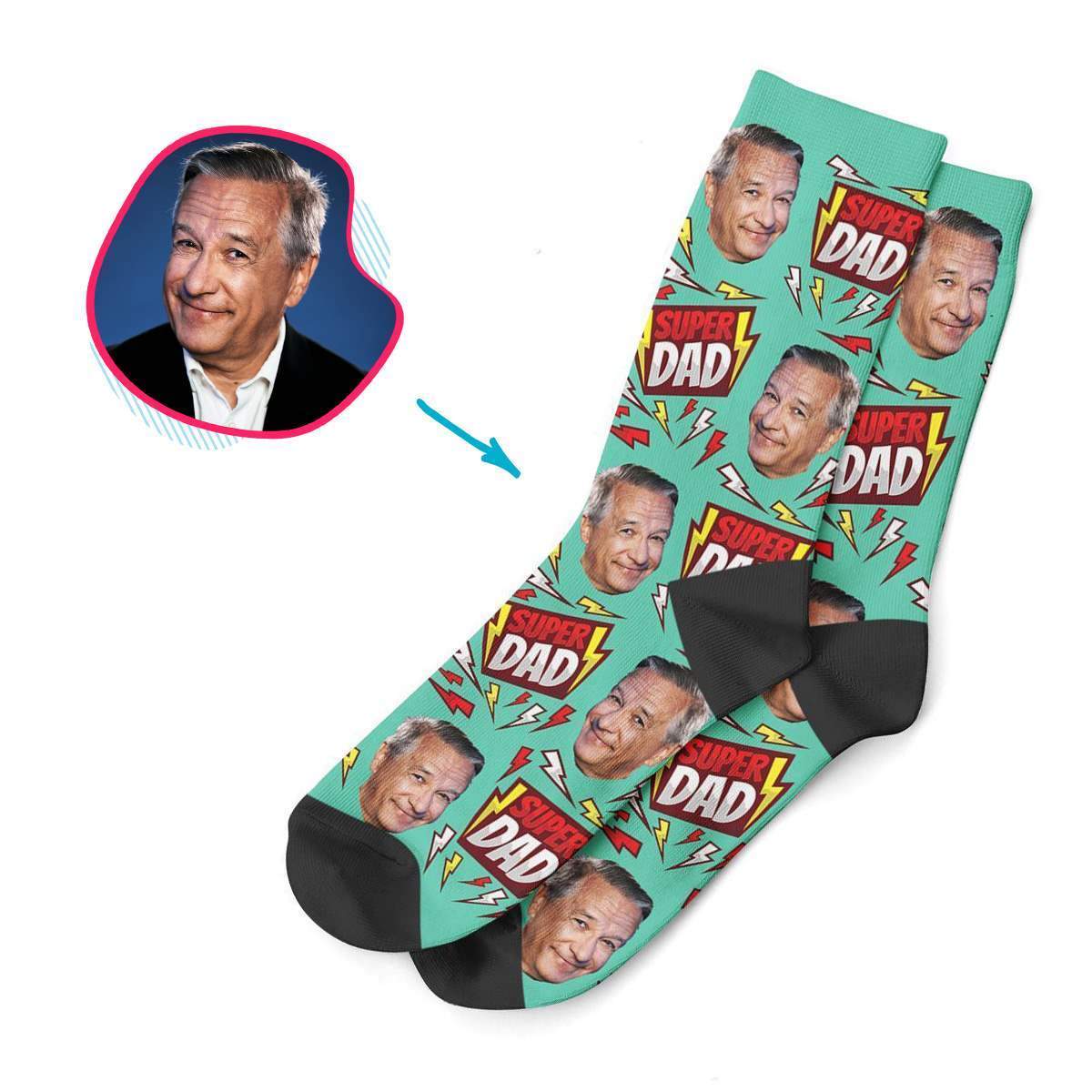mint Super Dad socks personalized with photo of face printed on them